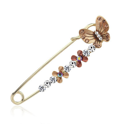 Scarf pins in assorted butterfly designs, gold colour with zircon crystals and colourful enamel.