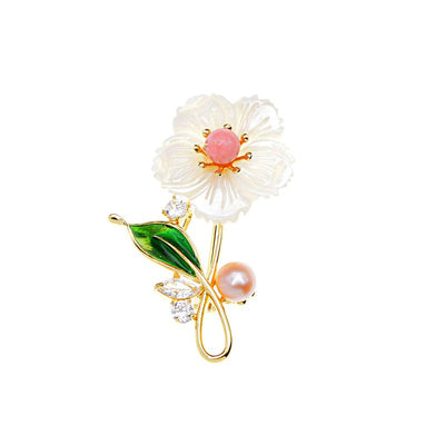 The Sylvan Stone Brooch - Shell Daisy - An adorable floral brooch made of carved stone to resemble shell, with either a pink or green stone in the centre.