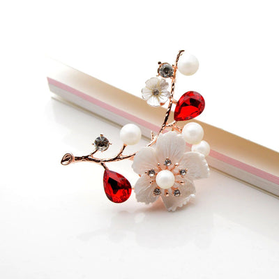 Michelle Pearlescent Sprig Brooch - A lovely flower themed brooch adorned with crystals, pearls, and made from lovely resin.