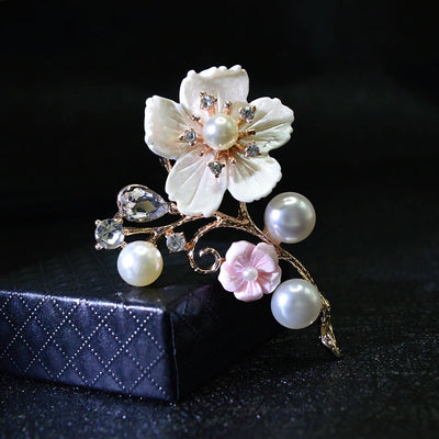 Michelle Pearlescent Sprig Brooch - A lovely flower themed brooch adorned with crystals, pearls, and made from lovely resin.