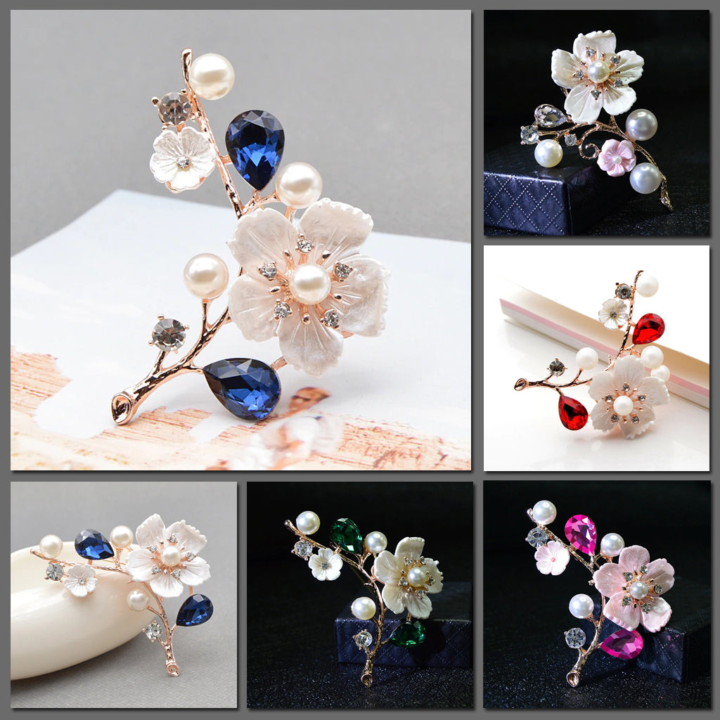 Michelle Pearlescent Sprig Brooch - A lovely flower themed brooch adorned with crystals, pearls, and made from lovely resin. 