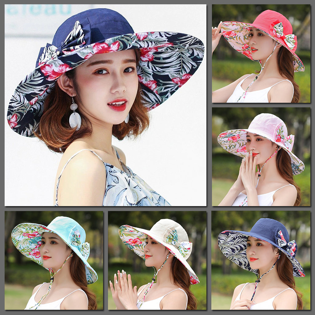 Caribbean Cruise Reversible Sunhat - A large-brimmed, floppy sunhat with a solid colour on one side and a vibrant floral print on the other, which can be worn either way depending on the user's choice. It is decorated with a large removable bow. This image shows all five colours side by side. 