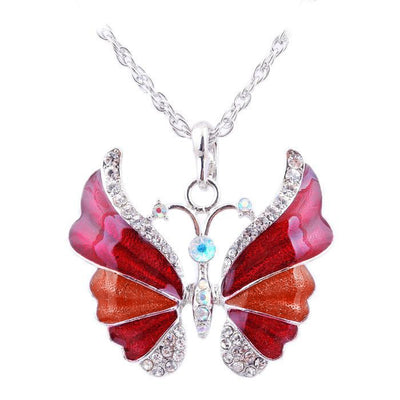 The Adonis Butterfly Necklace - Beautiful medium length silver coloured necklaces with butterfly pendants in blue, green, red, pink, purple, and honey orange gold.