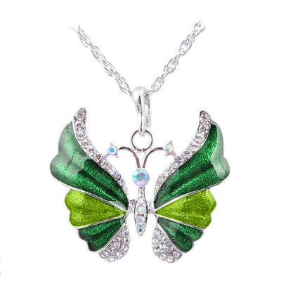 The Adonis Butterfly Necklace - Beautiful medium length silver coloured necklaces with butterfly pendants in blue, green, red, pink, purple, and honey orange gold.