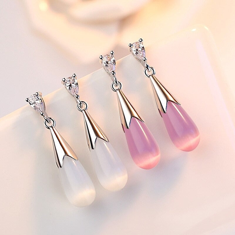 Amelia Opal Drop Stud Earrings - Lovely small teardrop shaped opal earrings with silver findings, suspended from a smaller teardrop-shaped quartz crystal.