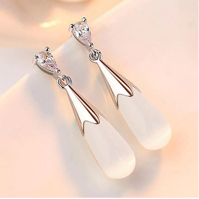 Amelia Opal Drop Stud Earrings - Lovely small teardrop shaped opal earrings with silver findings, suspended from a smaller teardrop-shaped quartz crystal.