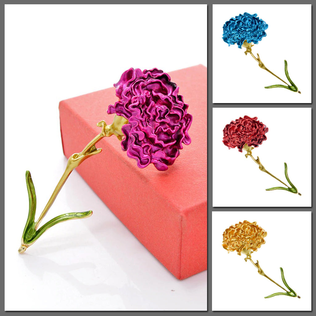 The Carissa Long-Stem Carnation Brooch - A lovely long brooch featuring a ruffled flower head and a slender stalk, available in pink, blue, red, or yellow.
