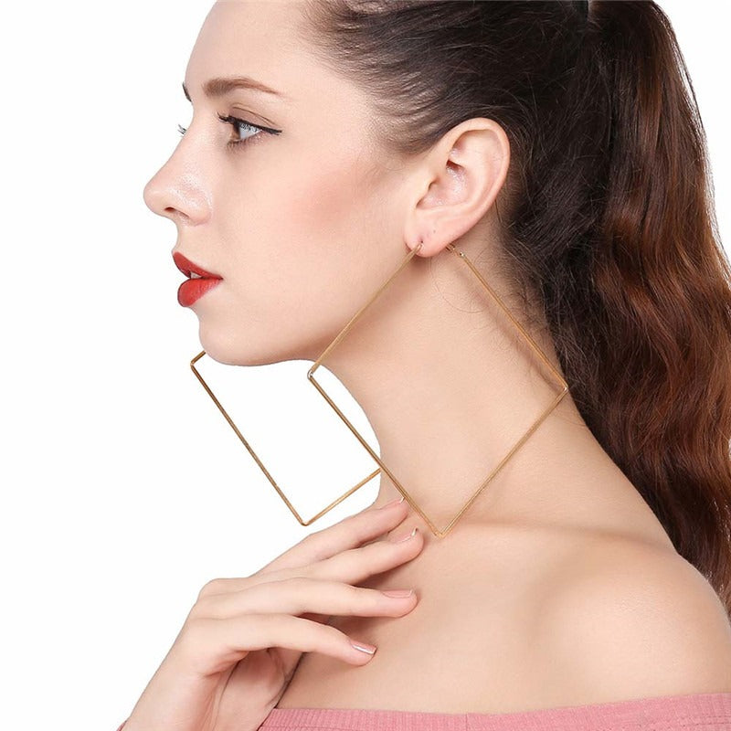 Carmen Oversized Square Hoop Earrings - Huge thin metal square earrings available in gold or silver toned zinc alloy.