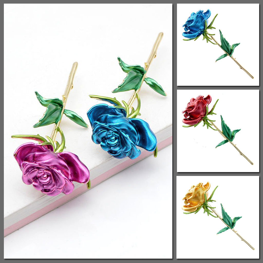 Cassidy Long-Stem Rose Brooch - An enamel brooch featuring a colourful rose flower head attached to a long, slender stem, available in pink, blue, red, or yellow. 