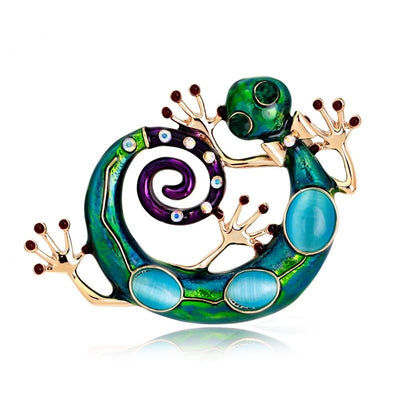 Cute Critters Brooch - Green Gecko - A large enamel brooch shaped like a curled gecko, in vibrant shades of green, blue, and purple.