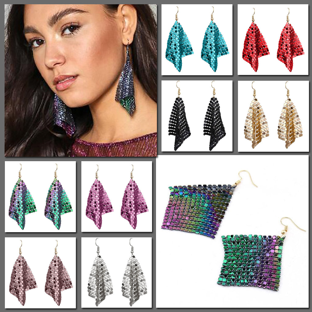 The Diva Drape Earrings - Large triangular earrings made from aluminium mesh fabric, which is made of metal but behaves like fabric, to it shifts and shimmers as it catches the light.