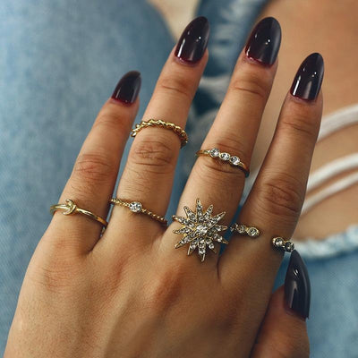 The Hathor Ring Set - A collection of 6 delicate finger and knuckle rings in matching colours and shapes.