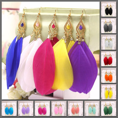 Lakisha Feather Drop Earrings - Large, colourful feather earrings available in an assortment of vibrant colours.