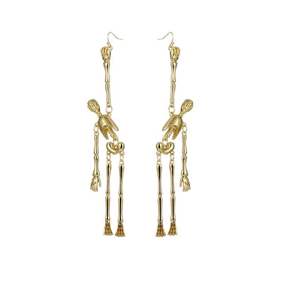 The Marionette Dancing Skeleton Earrings - Large Halloween earrings decorated with partially articulated skeletons, available in gold or silver coloured.