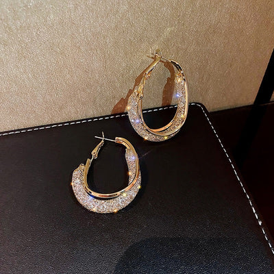 The Monique Crystal Mesh Oval Hoop Earrings - A pair of stunning crystal-filled mesh hoop earrings in an elegant asymmetrical oval shape.