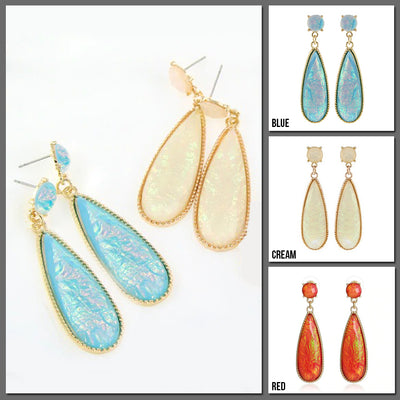 Naiad's Tear Dangle Earrings - Large opalescent dangle earrings in blue, cream, or red.