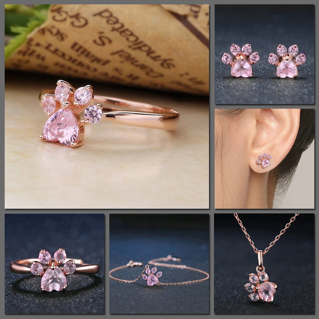 Sekhmet Cat Paw Jewellery Set - A cute pink rose quartz and rose gold cat themed jewellery set.