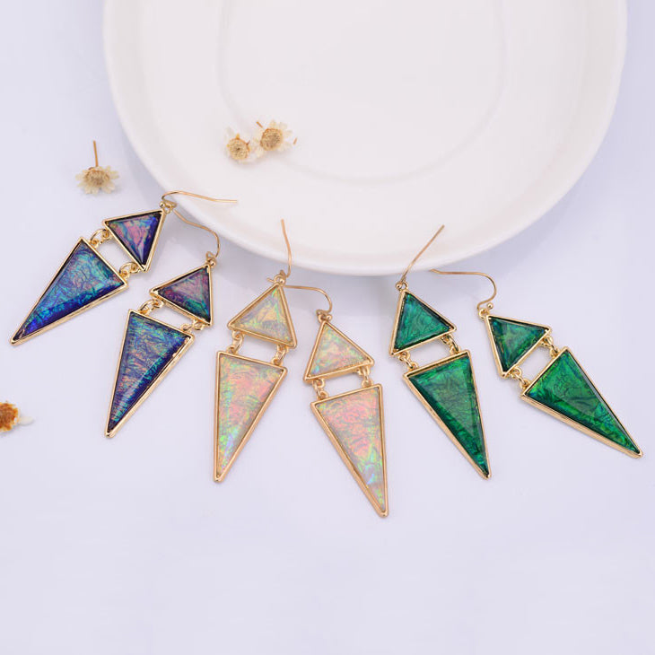 Pythagoras Geometric Dangle Earrings - Large, stunningly beautiful statement earrings made of triangles of iridescent lucite.