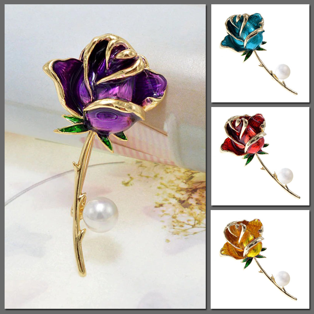 Rebecca Long-Stem Rose Brooch - An enamel brooch featuring a colourful rose flower head attached to a long, slender stem, available in purple, blue, red, or yellow.