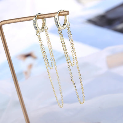 Renee Tassel Chain Lever Back Earrings - Small bejewelled huggies with long draping loops of chain attached to the bottom.