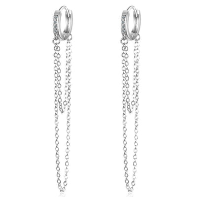 Renee Tassel Chain Lever Back Earrings - Small bejewelled huggies with long draping loops of chain attached to the bottom.