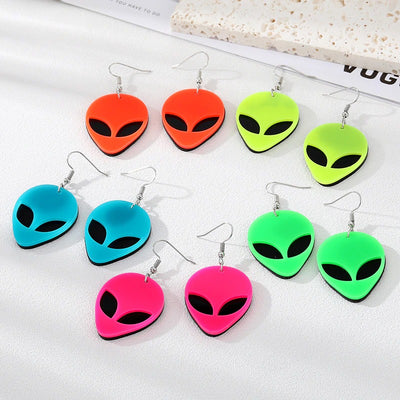 Retro Revival I Want To Believe Acrylic Drop Earrings - Cute neon-coloured plastic earrings shaped like a stylised alien head, available in blue, green, orange, pink, or yellow.
