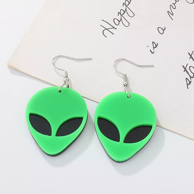Retro Revival I Want To Believe Acrylic Drop Earrings - Cute neon-coloured plastic earrings shaped like a stylised alien head, available in blue, green, orange, pink, or yellow.