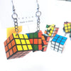 Retro Revival Rubix Cube Earrings - Large plastic earrings featuring real, working rubix cubes suspended from a french hook on a short length of chain.