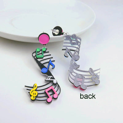 Retro Revival Soundtrack of the Soul Earrings - Large plastic earrings decorated with neon coloured musical notes in an artistic fashion.