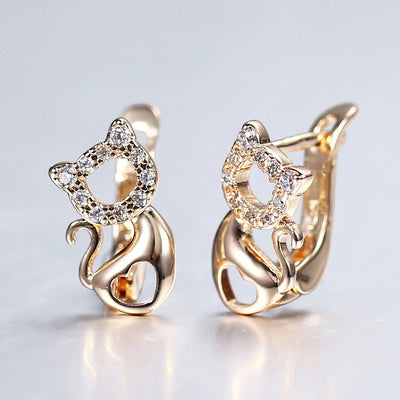 Rosemarie Lever Back Earrings - Lovely small cat-shaped rose gold earrings studded with quartz crystals.