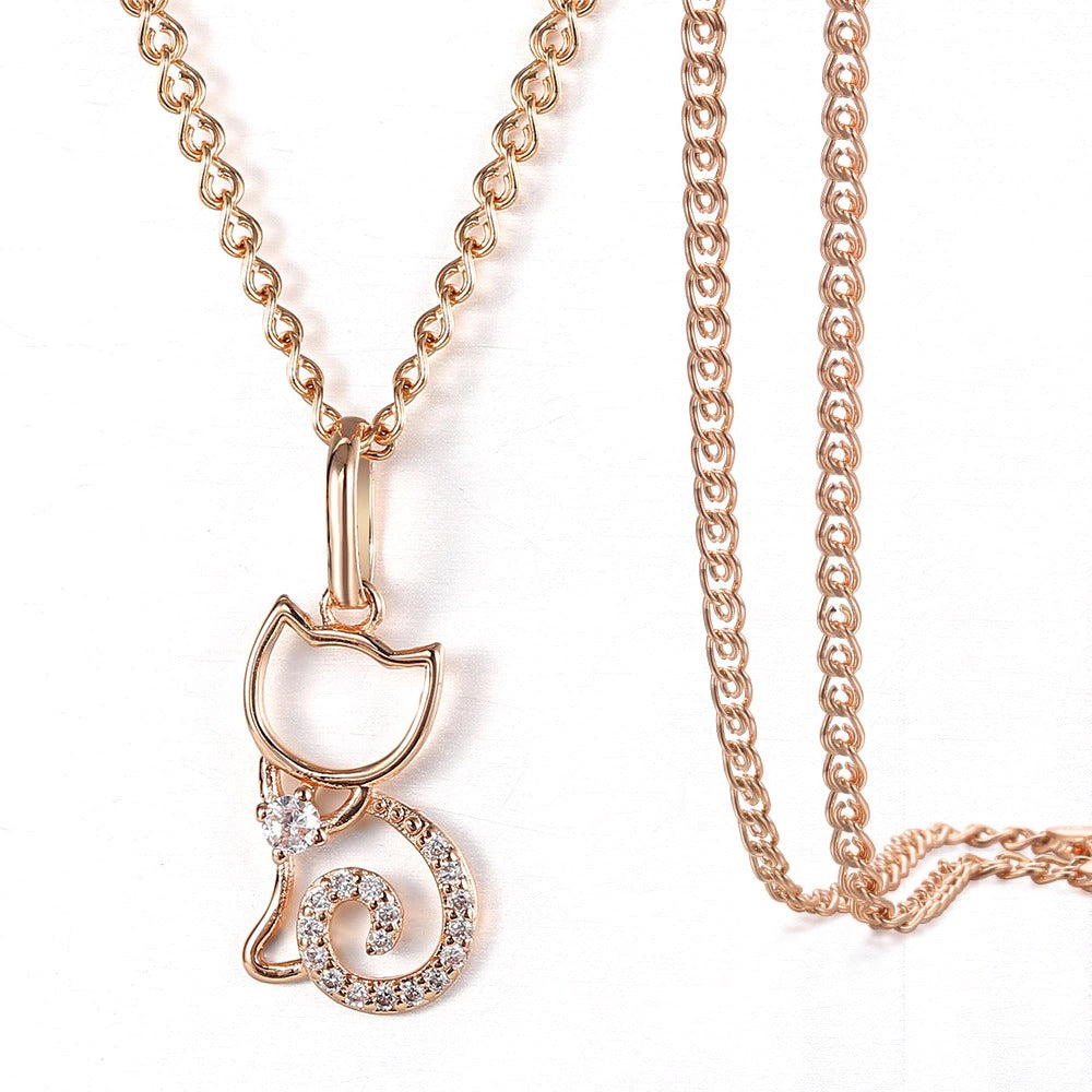 Rosemarie Necklace - A lovely rose gold necklace with a stylised cat pendant, studded with quartz crystals. 