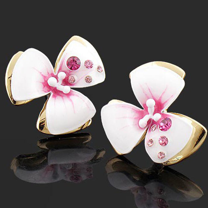 Sakura Blossom Earrings - Large stud earrings shaped like lovely pink and white flowers, adorned with smooth enamel and small pink and white crystals.
