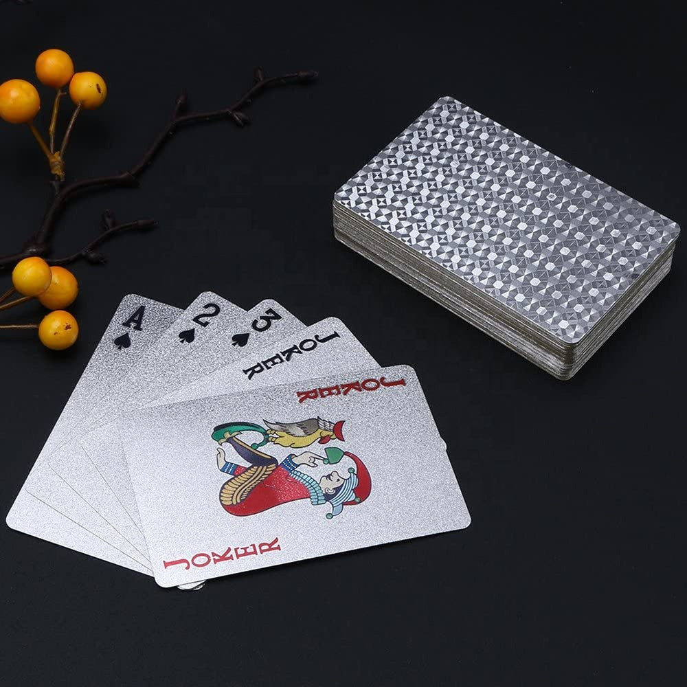 Selene's Shuffle Metallic Silver Playing Cards - A deck of cool shiny metallic silver playing cards with a cubic geometric print on the back. 
