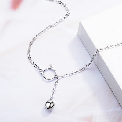 Tinklebell Silver Cat Bell Chain Bracelet - A delicate silver chain bracelet with a kitty themed loop and matching bell on the front.