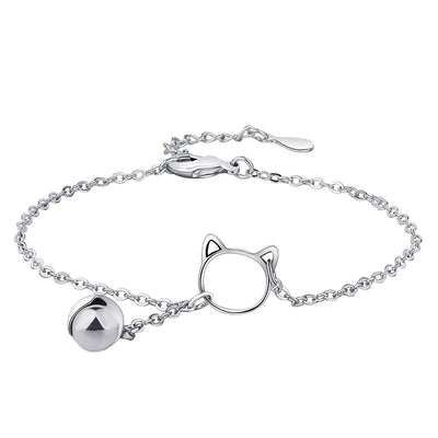 Tinklebell Silver Cat Bell Chain Bracelet - A delicate silver chain bracelet with a kitty themed loop and matching bell on the front.