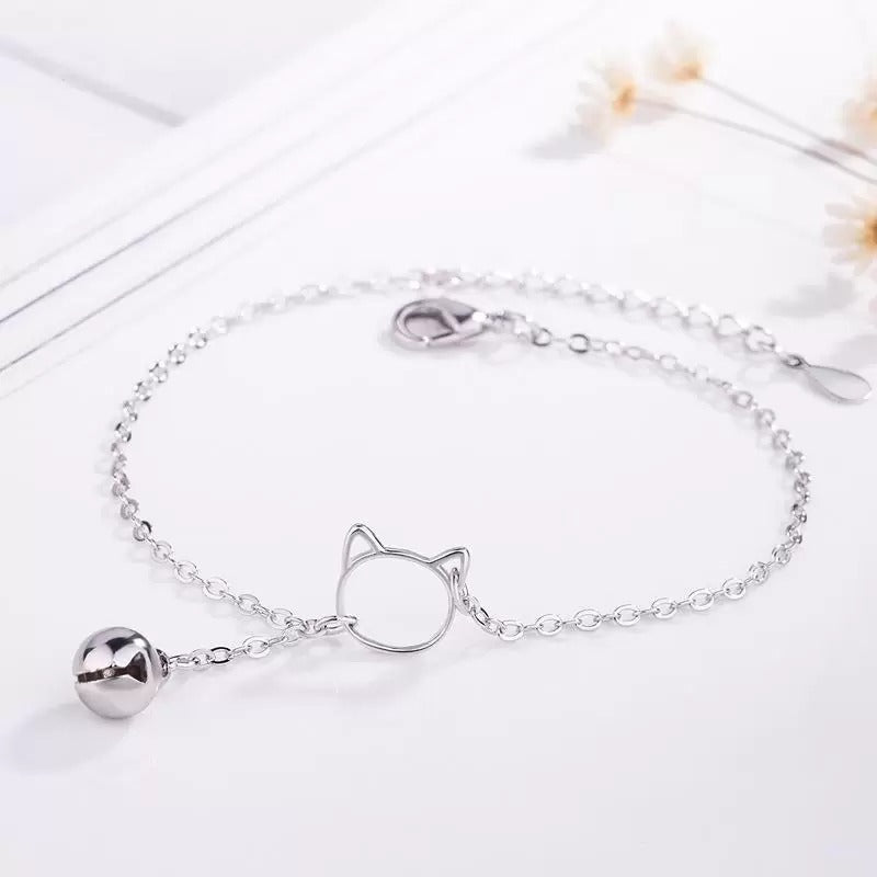 Tinklebell Silver Cat Bell Chain Bracelet - A delicate silver chain bracelet with a kitty themed loop and matching bell on the front. 