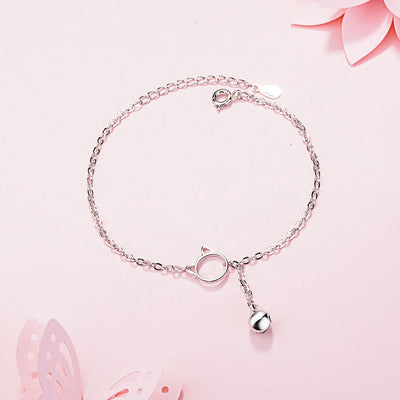 Tinklebell Silver Cat Bell Chain Bracelet - A delicate silver chain bracelet with a kitty themed loop and matching bell on the front.