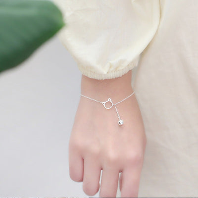 Tinklebell Silver Cat Bell Chain Bracelet - A delicate silver chain bracelet with a kitty themed loop and matching bell on the front.