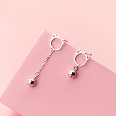 Tinklebell Silver Cat Bell & Tassel Earrings - A pair of simple silver earrings with a cat-shaped charm at the lobe, and a short length of silver chain with a bell on the end.