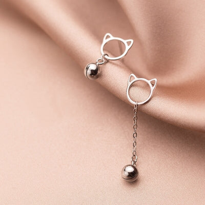 Tinklebell Silver Cat Bell & Tassel Earrings - A pair of simple silver earrings with a cat-shaped charm at the lobe, and a short length of silver chain with a bell on the end.