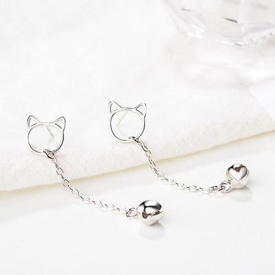 Tinklebell Silver Cat Bell & Tassel Earrings - A pair of simple silver earrings with a cat-shaped charm at the lobe, and a short length of silver chain with a bell on the end.