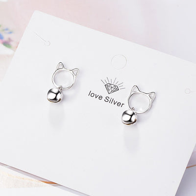 Tinklebell Silver Cat Bell & Tassel Earrings - A pair of simple silver earrings with a cat-shaped charm at the lobe, and a short length of silver chain with a bell on the end.