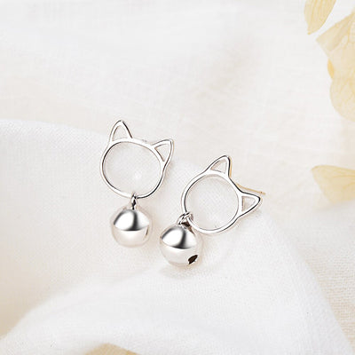 Tinklebell Silver Cat Bell & Tassel Earrings - A pair of simple silver earrings with a cat-shaped charm at the lobe, and a short length of silver chain with a bell on the end.