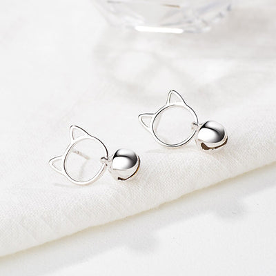Tinklebell Silver Cat Bell & Tassel Earrings - A pair of simple silver earrings with a cat-shaped charm at the lobe, and a short length of silver chain with a bell on the end.