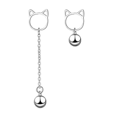 Tinklebell Silver Cat Bell & Tassel Earrings - A pair of simple silver earrings with a cat-shaped charm at the lobe, and a short length of silver chain with a bell on the end.