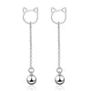 Tinklebell Silver Cat Bell & Tassel Earrings - A pair of simple silver earrings with a cat-shaped charm at the lobe, and a short length of silver chain with a bell on the end.