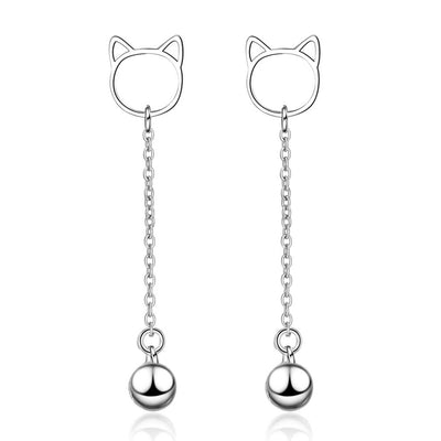 Tinklebell Silver Cat Bell & Tassel Earrings - A pair of simple silver earrings with a cat-shaped charm at the lobe, and a short length of silver chain with a bell on the end.