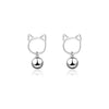 Tinklebell Silver Cat Bell & Tassel Earrings - A pair of simple silver earrings with a cat-shaped charm at the lobe, and a short length of silver chain with a bell on the end.