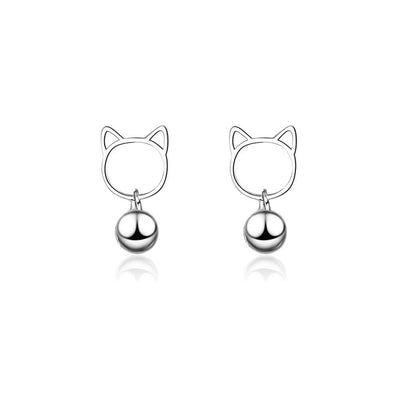 Tinklebell Silver Cat Bell & Tassel Earrings - A pair of simple silver earrings with a cat-shaped charm at the lobe, and a short length of silver chain with a bell on the end.