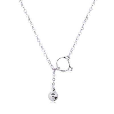 Tinklebell Silver Cat Bell Necklace - A very delicate silver chain necklace with a cat-head charm and a small bell attached to it.